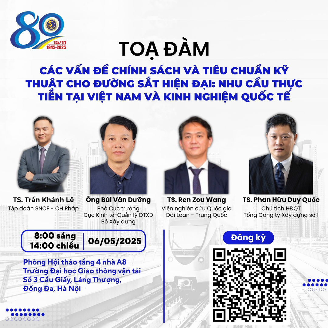 Thông báo mở đường link đăng ký tham gia tọa đàm "Các vấn đề tiêu chuẩn kỹ thuật cho Đường sắt hiện đại: Nhu cầu thực tiễn tại Việt Nam và kinh nghiệm quốc tế"